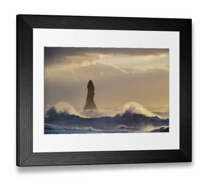 Framed Print : Reynisdrangar sea stack with large waves crashing onto the black sand beach, near Vik i Myrdal's, Iceland. February, 2024 Framed Print : Reynisdrangar sea stack with large waves crashing onto the black sand beach, near Vik i Myrdal's, Iceland. February, 2024