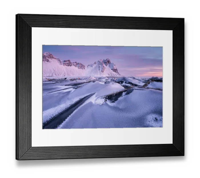 Framed Print : Vestrahorn mountain and sand dunes covered in snow at sunrise, Stokksnes Peninsula, Iceland. January, 2024 Framed Print : Vestrahorn mountain and sand dunes covered in snow at sunrise, Stokksnes Peninsula, Iceland. January, 2024