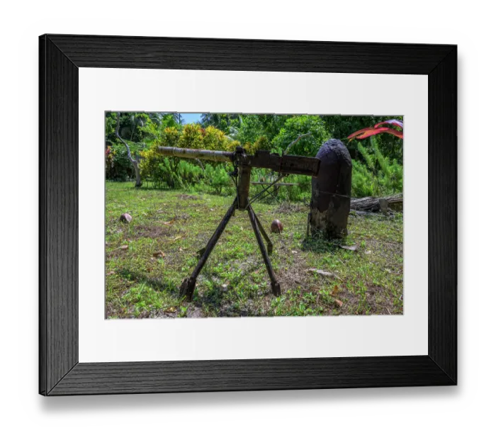 Framed Print : Rusty remains of an old machine gun and torpedo from WW2 in a community on Emirau Island, New Ireland Province, Papua New Guinea. December, 2023 Framed Print : Rusty remains of an old machine gun and torpedo from WW2 in a community on Emirau Island, New Ireland Province, Papua New Guinea. December, 2023