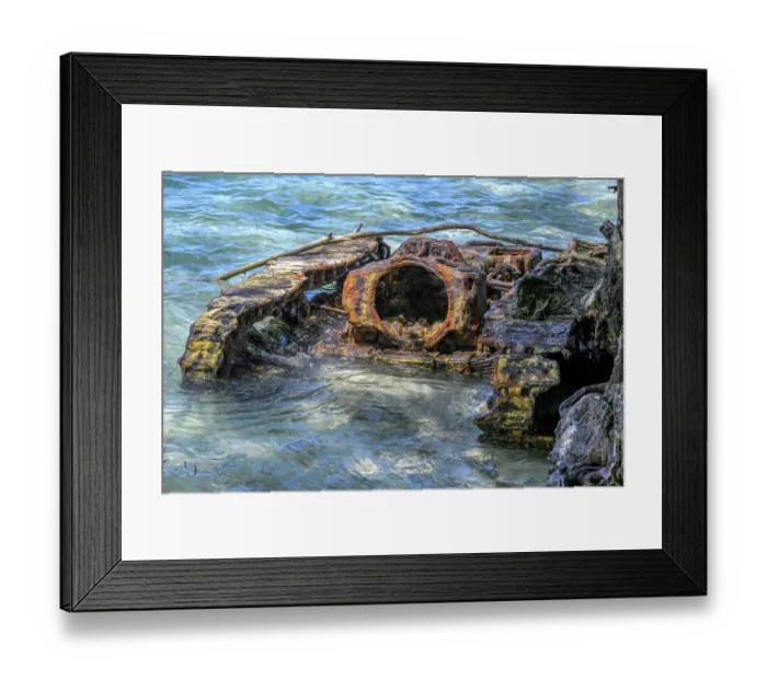 Framed Print : Rusty remains of old WW2 vehicle partially submerged on beach, Emirau Island, New Ireland Province, Papua New Guinea. November, 2023 Framed Print : Rusty remains of old WW2 vehicle partially submerged on beach, Emirau Island, New Ireland Province, Papua New Guinea. November, 2023