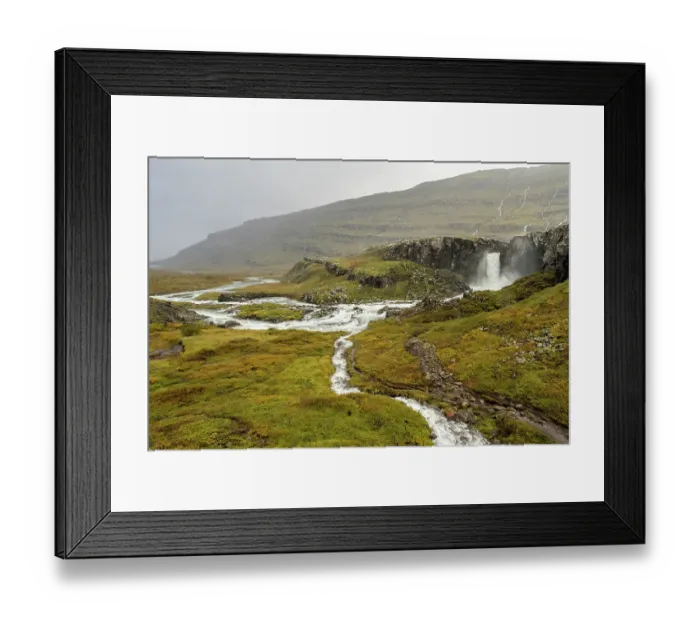 Framed Print : Foladafoss Waterfall and the Berufjaroara River during very heavy rainfall, with temporary streamlets flowing overland, east Iceland. September, 2023