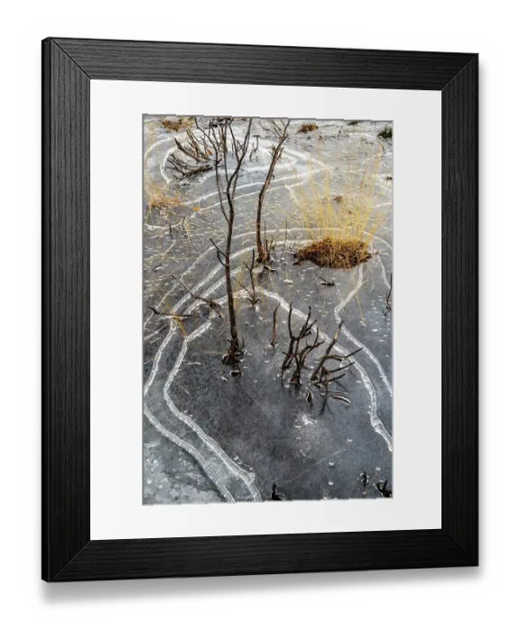 Framed Print : Unusual ice patterns caused by extremely low temperatures and wind on small heathland pond, Thursley Common National nature reserve and SSSI, Surrey Hills AONB, Thursley, Surrey Framed Print : Unusual ice patterns caused by extremely low temperatures and wind on small heathland pond, Thursley Common National nature reserve and SSSI, Surrey Hills AONB, Thursley, Surrey