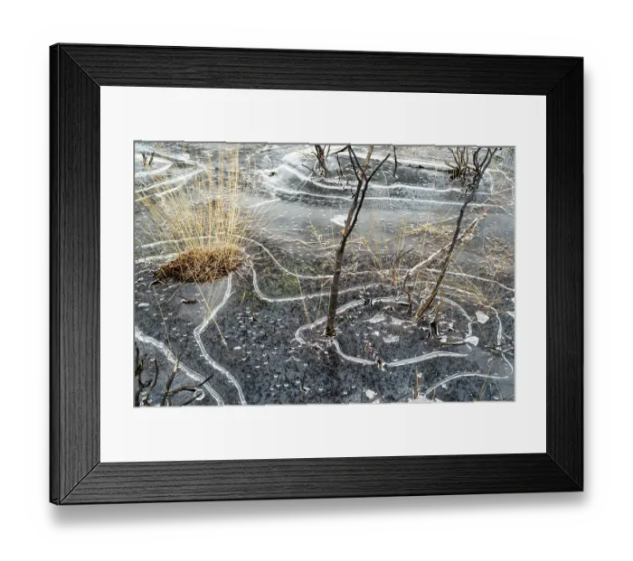 Framed Print : Unusual ice patterns caused by extremely low temperatures and wind on small heathland pond, Thursley Common National nature reserve and SSSI, Surrey Hills AONB, Thursley, Surrey Framed Print : Unusual ice patterns caused by extremely low temperatures and wind on small heathland pond, Thursley Common National nature reserve and SSSI, Surrey Hills AONB, Thursley, Surrey