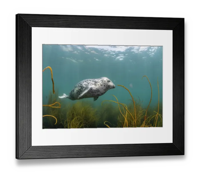 Framed Print : Grey seal (Halichoerus grypus) swimming over Thongweed (Himanthalia elongata) with Moon jellyfish (Aurelia aurita) in background, Lundy Island, Bristol Channel, Devon, UK Framed Print : Grey seal (Halichoerus grypus) swimming over Thongweed (Himanthalia elongata) with Moon jellyfish (Aurelia aurita) in background, Lundy Island, Bristol Channel, Devon, UK