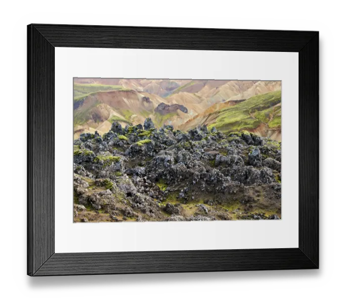 Framed Print : View of solidified lava fields with rhyolite mountains in background, Landmannalaugar volcanic massif, Fjallabak Nature Reserve, Iceland. September, 2023 Framed Print : View of solidified lava fields with rhyolite mountains in background, Landmannalaugar volcanic massif, Fjallabak Nature Reserve, Iceland. September, 2023