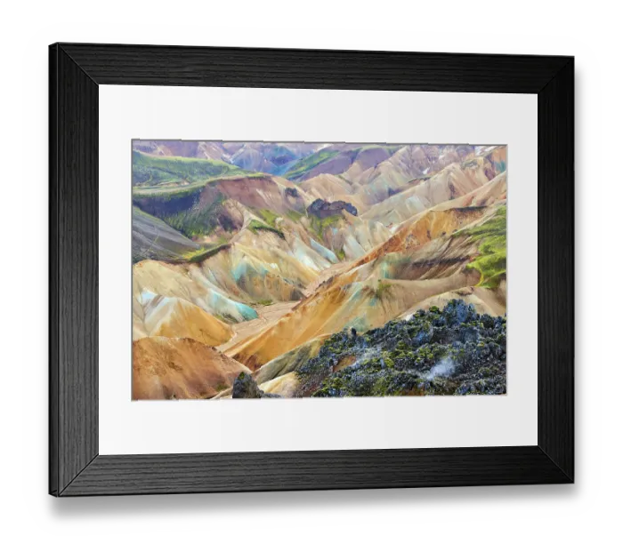 Framed Print : View of rhyolite mountains and solidified lava, Landmannalaugar volcanic massif, Fjallabak Nature Reserve, Iceland. September, 2023 Framed Print : View of rhyolite mountains and solidified lava, Landmannalaugar volcanic massif, Fjallabak Nature Reserve, Iceland. September, 2023