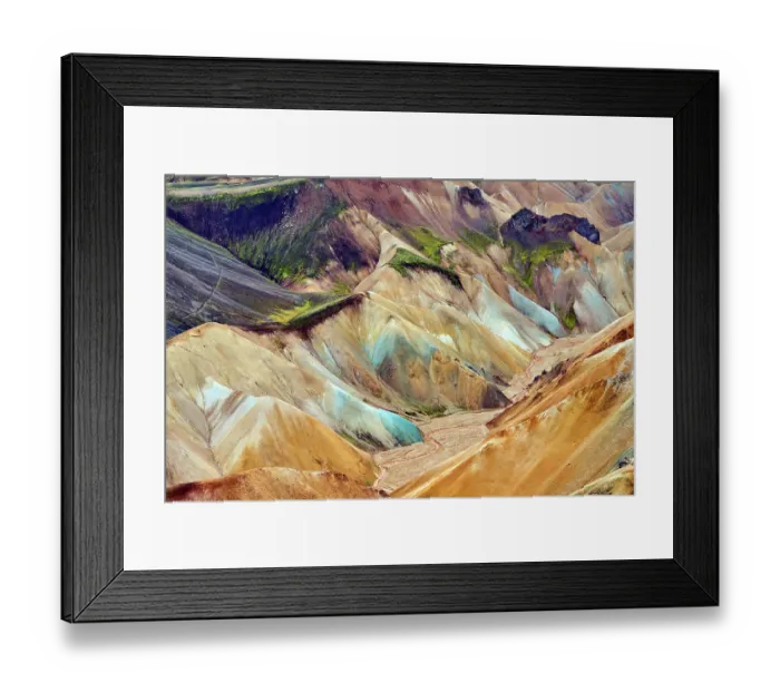Framed Print : View of rhyolite mountains and solidified lava, Landmannalaugar volcanic massif, Fjallabak Nature Reserve, Iceland. September, 2023 Framed Print : View of rhyolite mountains and solidified lava, Landmannalaugar volcanic massif, Fjallabak Nature Reserve, Iceland. September, 2023