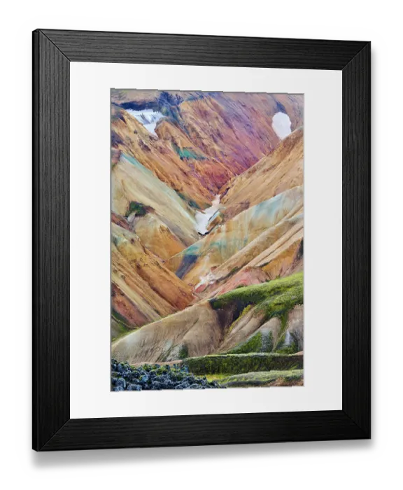 Framed Print : View of rhyolite mountains and solidified lava, Landmannalaugar volcanic massif, Fjallabak Nature Reserve, Iceland. September, 2023 Framed Print : View of rhyolite mountains and solidified lava, Landmannalaugar volcanic massif, Fjallabak Nature Reserve, Iceland. September, 2023