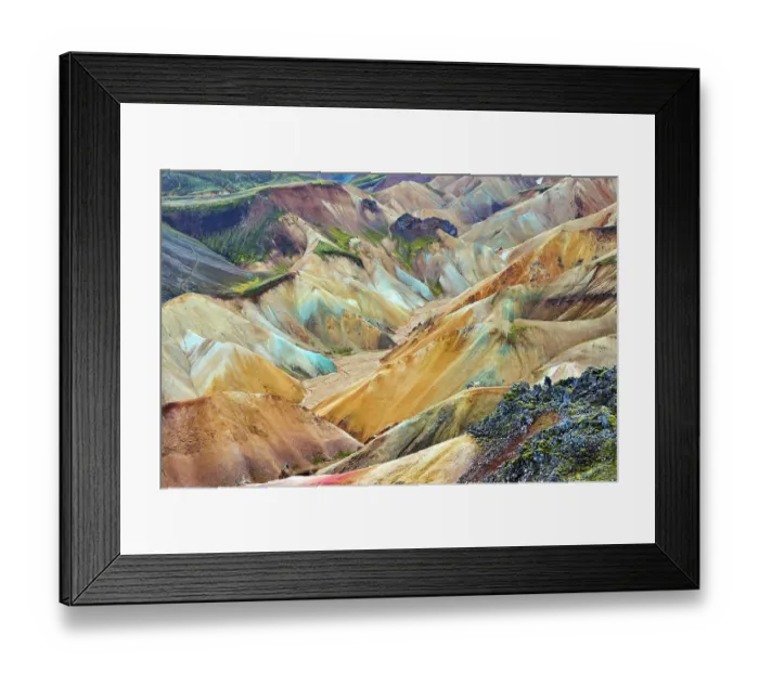 Framed Print : View of rhyolite mountains and solidified lava, Landmannalaugar volcanic massif, Fjallabak Nature Reserve, Iceland. September, 2023 Framed Print : View of rhyolite mountains and solidified lava, Landmannalaugar volcanic massif, Fjallabak Nature Reserve, Iceland. September, 2023