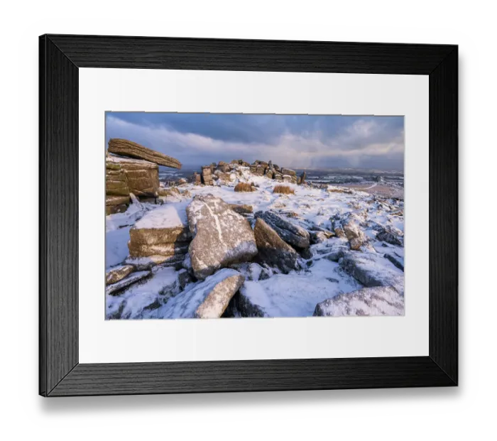 Framed Print : View over Belstone Tor after snowfall in early morning light, Dartmoor National Park, Devon, England, UK. January, 2023 Framed Print : View over Belstone Tor after snowfall in early morning light, Dartmoor National Park, Devon, England, UK. January, 2023