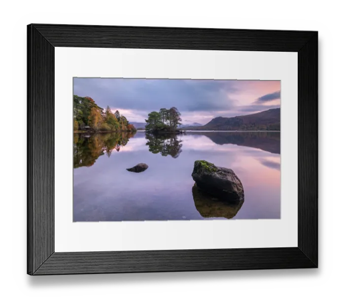 Framed Print : Abbots Bay and Otter Island at sunrise in autumn, Derwentwater, The Lake District National Park, Cumbria, England, UK. November, 2023 Framed Print : Abbots Bay and Otter Island at sunrise in autumn, Derwentwater, The Lake District National Park, Cumbria, England, UK. November, 2023