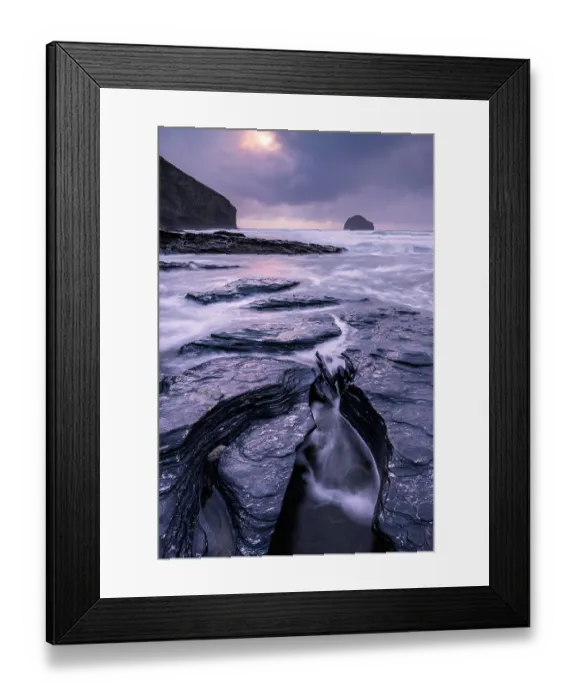 Framed Print : RF - Trebarwith Strand at twilight with the rising tide surrounding the rocky ledges along the shore, Trebarwith, Cornwall, England, UK. March, 2023 Framed Print : RF - Trebarwith Strand at twilight with the rising tide surrounding the rocky ledges along the shore, Trebarwith, Cornwall, England, UK. March, 2023
