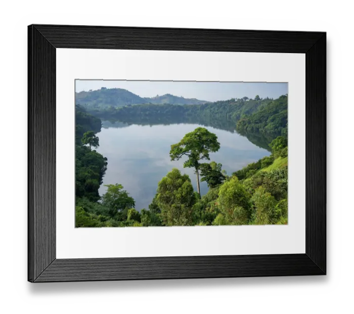 Framed Print : Volcanic crater lake surrounded by forest, near Kibale, Uganda. March, 2023