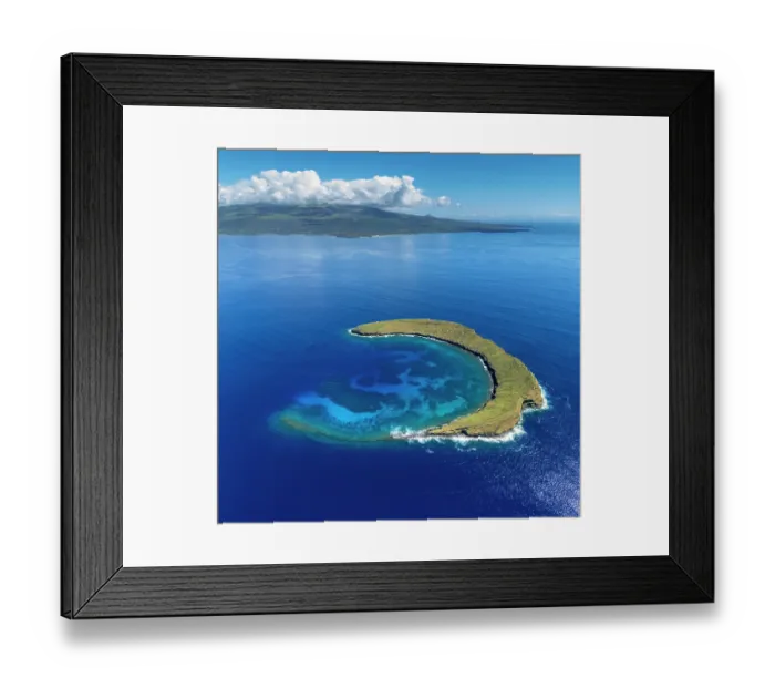Framed Print : Aerial view of Molokini Crater, crescent shaped islet with the island of Maui in the background, Hawaii, Pacific Ocean Framed Print : Aerial view of Molokini Crater, crescent shaped islet with the island of Maui in the background, Hawaii, Pacific Ocean