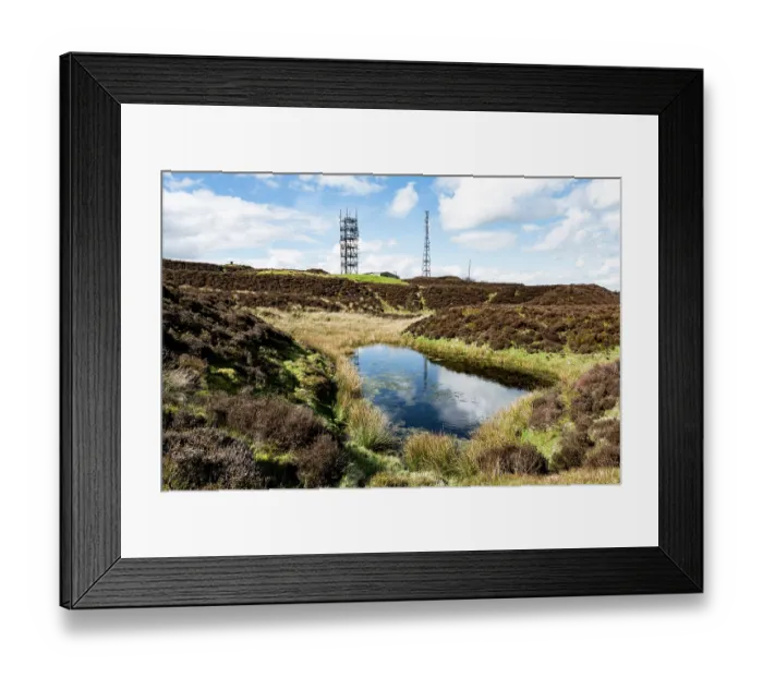 Framed Print : Brown Clee Hill, summit with transmitter masts and a created pond surrounded by Heather (Calluna vulgaris), the highest point in Shropshire, Shropshire Hills National Landscape Framed Print : Brown Clee Hill, summit with transmitter masts and a created pond surrounded by Heather (Calluna vulgaris), the highest point in Shropshire, Shropshire Hills National Landscape