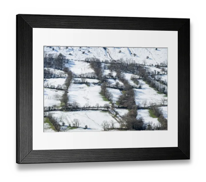 Framed Print : The Olchon Valley with small fields and hedges with trees of Celtic origins, viewed from Black Hill / Cat's Back, Herefordshire, England, UK. March, 2024