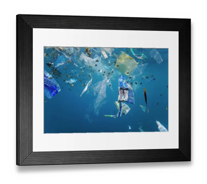 Framed Print : Sergeant major damsels (Abudefduf vaigiensis) juvenile school swimming around plastic bags and waste in Indian Ocean, off Baucau, East Timor Framed Print : Sergeant major damsels (Abudefduf vaigiensis) juvenile school swimming around plastic bags and waste in Indian Ocean, off Baucau, East Timor