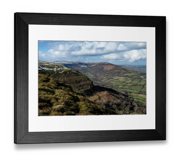 Framed Print : View across the Red Daren Ice Age landslip with Ffynnon limestone outcrops and the Olchon Valley with the Black Hill / Cat's Back in the background, Black Mountains Framed Print : View across the Red Daren Ice Age landslip with Ffynnon limestone outcrops and the Olchon Valley with the Black Hill / Cat's Back in the background, Black Mountains