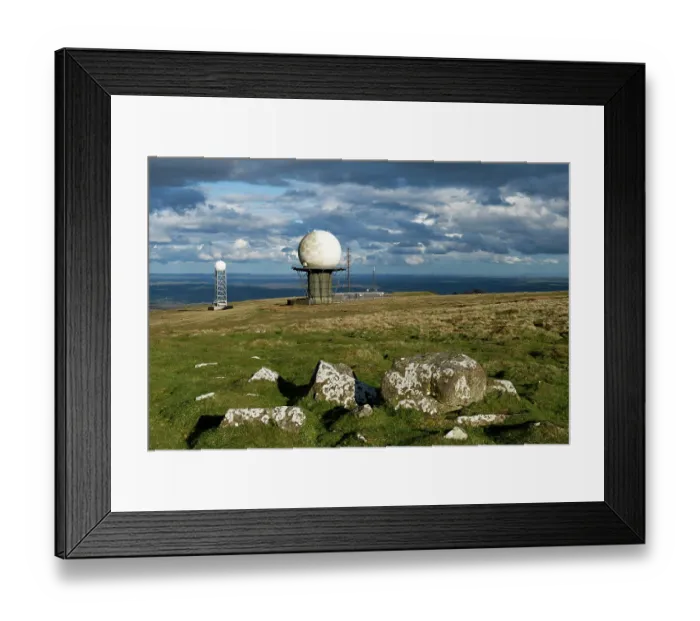 Framed Print : Titterstone Clee Hill summit with Civil Aviation radar domes and rain clouds, Shropshire Hills National Landscape, England, UK. April, 2024
