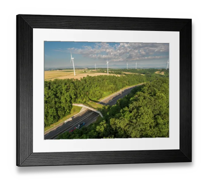 Framed Print : Aerial view of a wildlife crossing over the A7 highway, built in 2011, with wind turbines in distance, Drome, France. June, 2018 Framed Print : Aerial view of a wildlife crossing over the A7 highway, built in 2011, with wind turbines in distance, Drome, France. June, 2018
