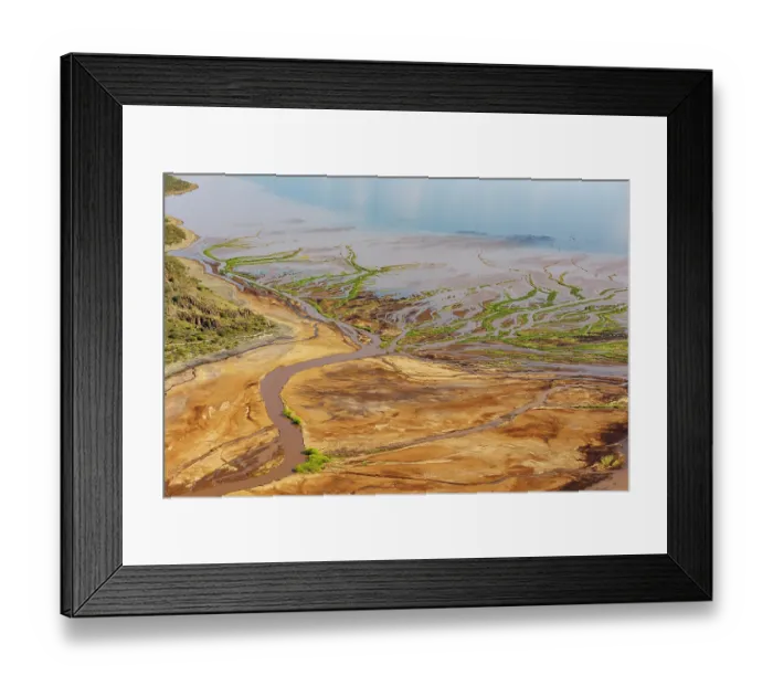 Framed Print : Aerial view of freshwater estuary entering the lake after heavy rains, Lake Magadi, Kenya. February, 2024 Framed Print : Aerial view of freshwater estuary entering the lake after heavy rains, Lake Magadi, Kenya. February, 2024