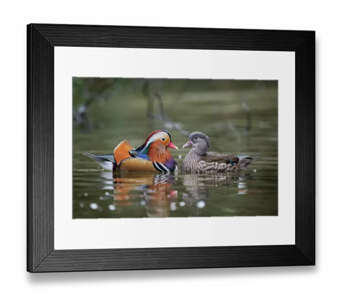 Framed Print : RF - Mandarin ducks (Aix galericulata) pair in breeding plumage, courtship display, the male lightly preening or gently plucking on the female's breast feathers Framed Print : RF - Mandarin ducks (Aix galericulata) pair in breeding plumage, courtship display, the male lightly preening or gently plucking on the female's breast feathers