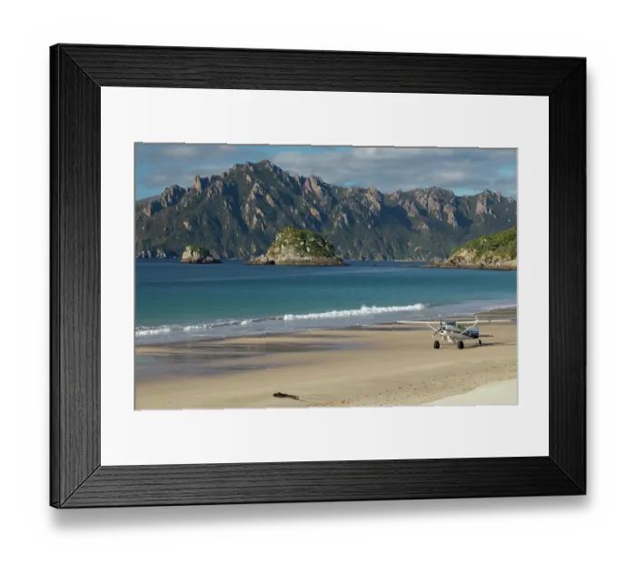 Framed Print : Transport plane on the beach runway of Codfish Island with the Ruggedy Range of Stewart Island in the background, Whenua Hou / Codfish Island, New Zealand. April, 2019 Framed Print : Transport plane on the beach runway of Codfish Island with the Ruggedy Range of Stewart Island in the background, Whenua Hou / Codfish Island, New Zealand. April, 2019