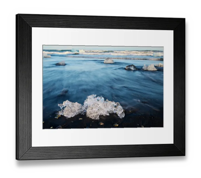 Framed Print : Ice on black, volcanic sand beach with waves on glacial lake, Diamond beach, Jokulsarlon, Vatnajokull National Park, Iceland. September, 2023 Framed Print : Ice on black, volcanic sand beach with waves on glacial lake, Diamond beach, Jokulsarlon, Vatnajokull National Park, Iceland. September, 2023
