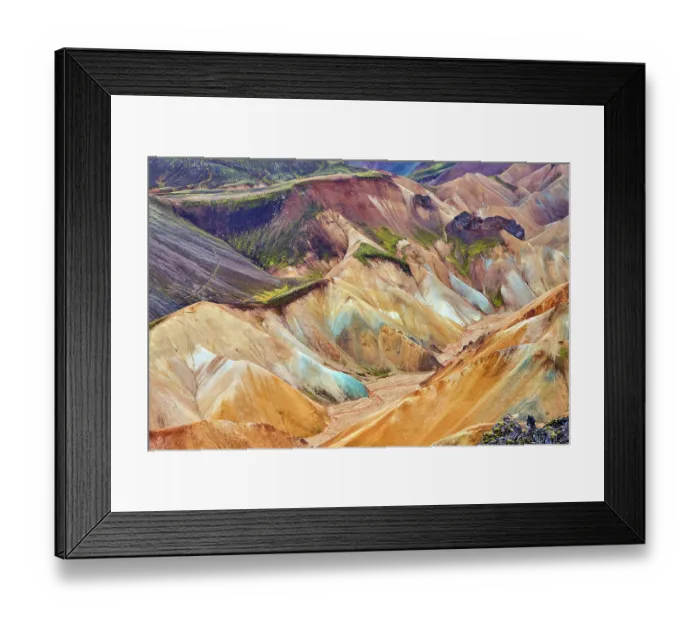 Framed Print : View of rhyolite mountains and solidified lava, Landmannalaugar volcanic massif, Fjallabak Nature Reserve, Iceland. September, 2023
