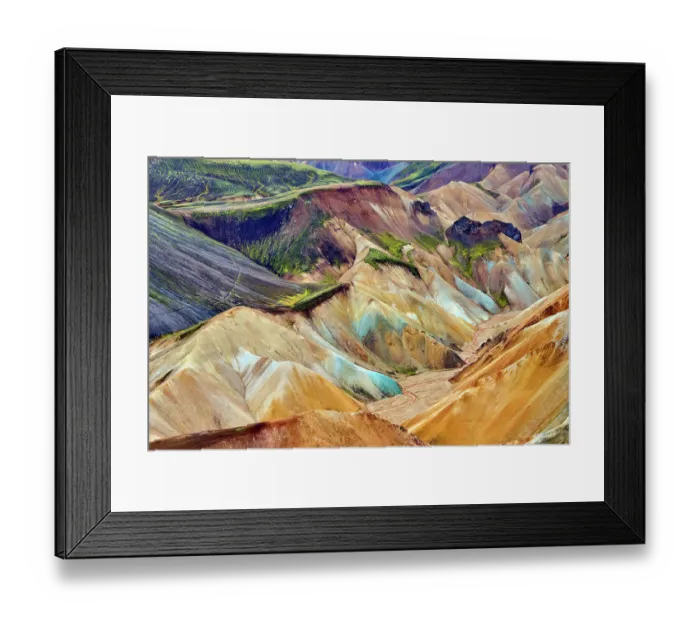 Framed Print : View of rhyolite mountains and solidified lava, Landmannalaugar volcanic massif, Fjallabak Nature Reserve, Iceland. September, 2023 Framed Print : View of rhyolite mountains and solidified lava, Landmannalaugar volcanic massif, Fjallabak Nature Reserve, Iceland. September, 2023