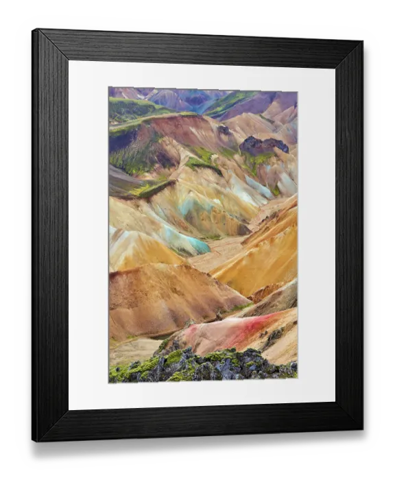Framed Print : View of rhyolite mountains and solidified lava, Landmannalaugar volcanic massif, Fjallabak Nature Reserve, Iceland. September, 2023 Framed Print : View of rhyolite mountains and solidified lava, Landmannalaugar volcanic massif, Fjallabak Nature Reserve, Iceland. September, 2023