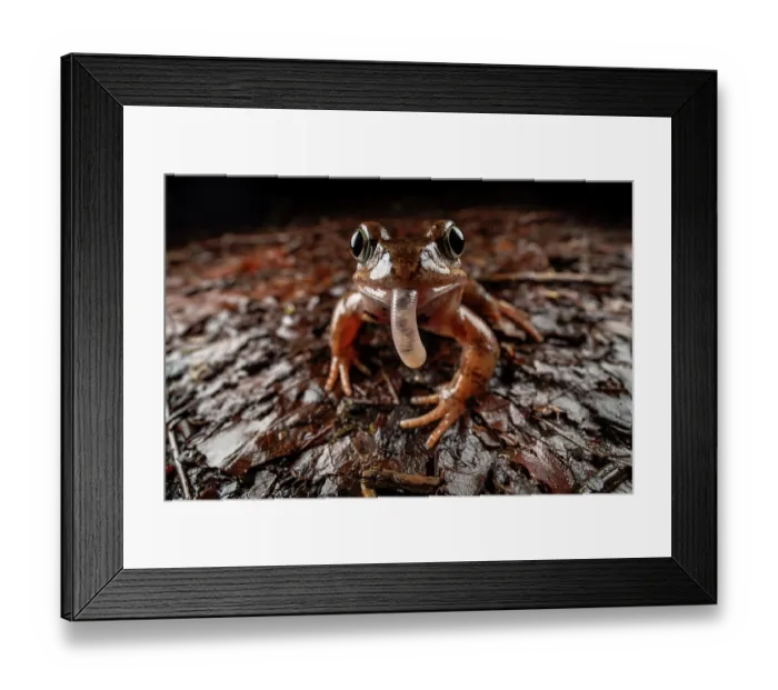 Framed Print : Common frog (Rana temporaria) swallowing a worm, Lucerne, Switzerland. March Framed Print : Common frog (Rana temporaria) swallowing a worm, Lucerne, Switzerland. March
