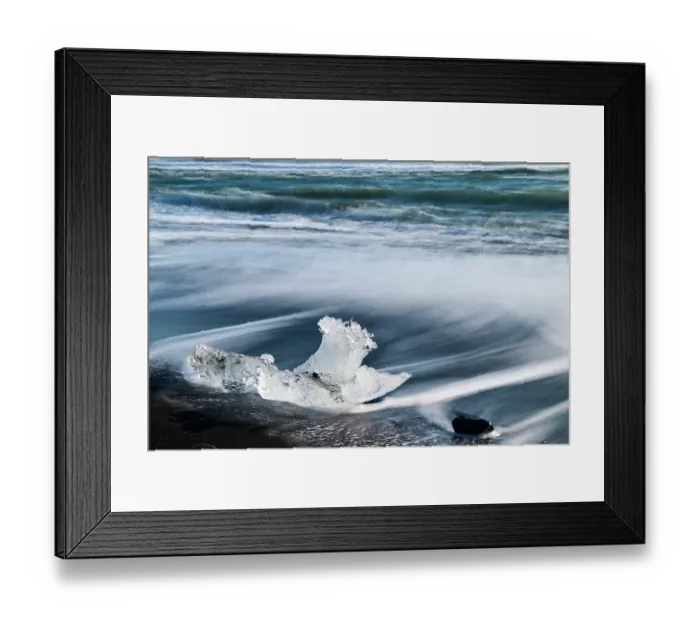 Framed Print : Ice on black, volcanic sand beach with waves on glacial lake, Diamond beach, Jokulsarlon, Vatnajokull National Park, Iceland. September, 2023 Framed Print : Ice on black, volcanic sand beach with waves on glacial lake, Diamond beach, Jokulsarlon, Vatnajokull National Park, Iceland. September, 2023