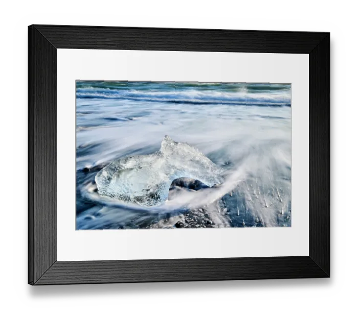 Framed Print : Ice on black, volcanic sand beach with waves on glacial lake, Diamond beach, Jokulsarlon, Vatnajokull National Park, Iceland. September, 2023