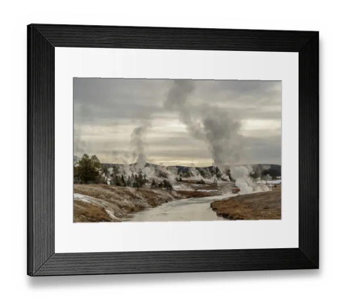 Framed Print : The Firehole River flowing past hot springs and geysers of the Old Faithful geothermal area at sunset, Yellowstone National Park, Wyoming, USA. February, 2024 Framed Print : The Firehole River flowing past hot springs and geysers of the Old Faithful geothermal area at sunset, Yellowstone National Park, Wyoming, USA. February, 2024