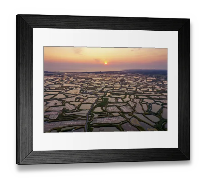 Framed Print : Aerial view of salt marshes at sunset, Guerande, Loire-Atlantique, France. June, 2023 Framed Print : Aerial view of salt marshes at sunset, Guerande, Loire-Atlantique, France. June, 2023