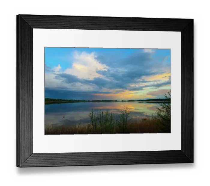 Framed Print : Sunset and a cloudy sky over Rederang lake, Muritz National Park, Mecklenburg-Western Pomerania, Germany. May, 2021 Framed Print : Sunset and a cloudy sky over Rederang lake, Muritz National Park, Mecklenburg-Western Pomerania, Germany. May, 2021