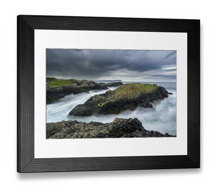 Framed Print : RF - Turbulent seas around coastal basalt rocks, Ballintoy Bay, County Antrim, Northern Ireland, UK. June, 2022 Framed Print : RF - Turbulent seas around coastal basalt rocks, Ballintoy Bay, County Antrim, Northern Ireland, UK. June, 2022