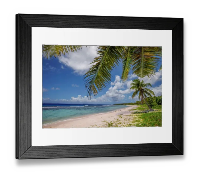 Framed Print : Scenic coastal view with palm trees at Obyan Beach, Saipan, Northern Mariana Islands. The island of Tinian can be seen on the horizon. May, 2024 Framed Print : Scenic coastal view with palm trees at Obyan Beach, Saipan, Northern Mariana Islands. The island of Tinian can be seen on the horizon. May, 2024