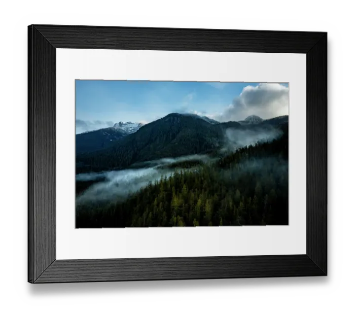 Framed Print : Aerial view of forest and mountains with fog rolling through, Vancouver Island, British Columbia, Canada. February, 2023 Framed Print : Aerial view of forest and mountains with fog rolling through, Vancouver Island, British Columbia, Canada. February, 2023