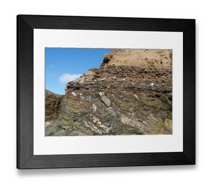 Framed Print : An angular unconformity between folded Devonian age mudrocks and Quaternary age conglomerate. The coarse conglomerate represents a raised beach Framed Print : An angular unconformity between folded Devonian age mudrocks and Quaternary age conglomerate. The coarse conglomerate represents a raised beach