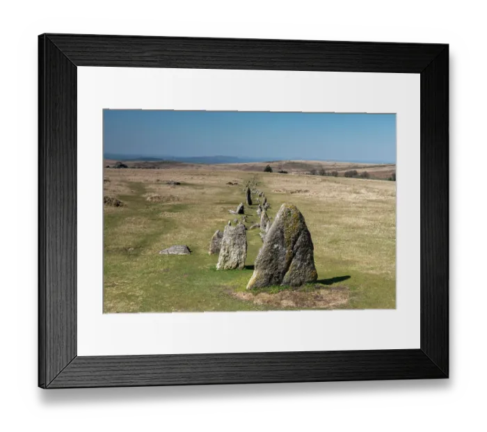 Framed Print : Bronze Age Merrivale Stone Rows, a complex of ritual sites, including three stone rows, on the moors above Princetown, Dartmoor, Devon, England, UK. April, 2023 Framed Print : Bronze Age Merrivale Stone Rows, a complex of ritual sites, including three stone rows, on the moors above Princetown, Dartmoor, Devon, England, UK. April, 2023