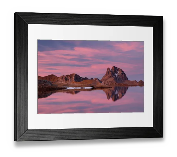 Framed Print : Anayet Lakes at sunset with the peak of Midi d´Ossau in Pyrennes National Park, France reflecting in the lake, Tena Valley, Pyrenees, Spain. November, 2023 Framed Print : Anayet Lakes at sunset with the peak of Midi d´Ossau in Pyrennes National Park, France reflecting in the lake, Tena Valley, Pyrenees, Spain. November, 2023
