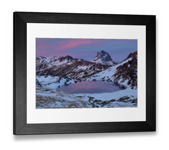 Framed Print : Lake in snow-covered mountains at dusk, with the peak of the Midi d´Ossau in Pyrennes National Park, France in background, Anayet Lakes, Tena Valley, Pyrenees, Spain Framed Print : Lake in snow-covered mountains at dusk, with the peak of the Midi d´Ossau in Pyrennes National Park, France in background, Anayet Lakes, Tena Valley, Pyrenees, Spain