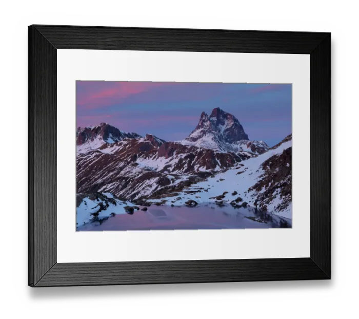 Framed Print : Lake in snow-covered mountains at dusk, with the peak of the Midi d´Ossau in Pyrennes National Park, France in background, Anayet Lakes, Tena Valley, Pyrenees, Spain Framed Print : Lake in snow-covered mountains at dusk, with the peak of the Midi d´Ossau in Pyrennes National Park, France in background, Anayet Lakes, Tena Valley, Pyrenees, Spain