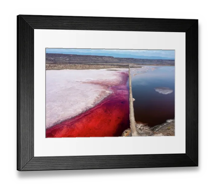 Framed Print : Aerial view of track running through middle of Lake Magadi, with pink Halobacteria in water, Great Rift Valley, Kenya Framed Print : Aerial view of track running through middle of Lake Magadi, with pink Halobacteria in water, Great Rift Valley, Kenya
