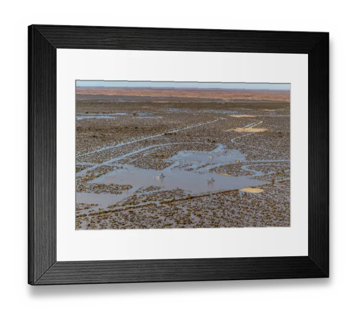 Framed Print : Aerial view over flooded mining infrastructure in the Lake Eyre basin, Tirrawarra Swamp, Gidgealpa, South Australia, Australia. July, 2022 Framed Print : Aerial view over flooded mining infrastructure in the Lake Eyre basin, Tirrawarra Swamp, Gidgealpa, South Australia, Australia. July, 2022