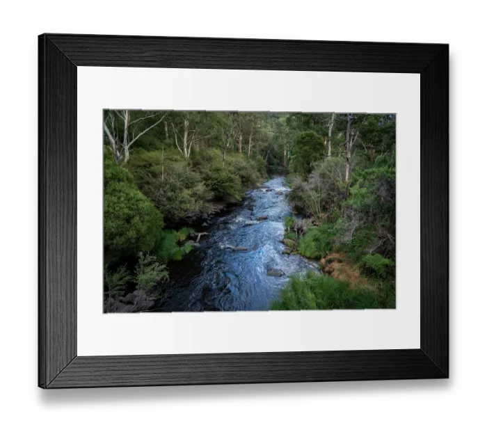 Framed Print : View looking down on the Yarra River surrounded by native forest, Warburton, Victoria, Australia. April, 2023 Framed Print : View looking down on the Yarra River surrounded by native forest, Warburton, Victoria, Australia. April, 2023