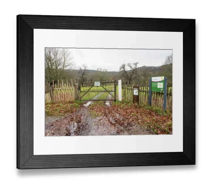 Framed Print : Sign beside gated entrance to Moccas Park National Nature Reserve, with park pale made up of internal ditch and a wooden fence, Herefordshire, England, UK, December 2023 Framed Print : Sign beside gated entrance to Moccas Park National Nature Reserve, with park pale made up of internal ditch and a wooden fence, Herefordshire, England, UK, December 2023