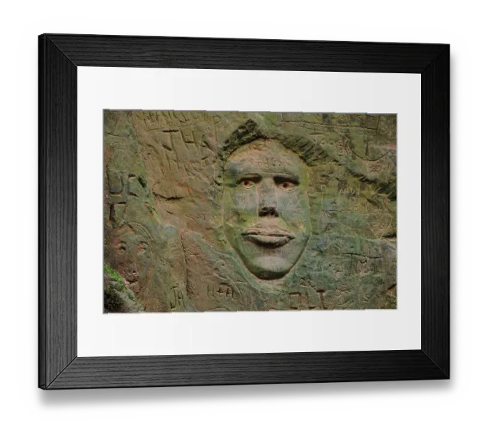 Framed Print : Carving of human face in sandstone wall of Shutes Lane holloway, Symondsbury, Dorset, England, UK, December 2023 Framed Print : Carving of human face in sandstone wall of Shutes Lane holloway, Symondsbury, Dorset, England, UK, December 2023